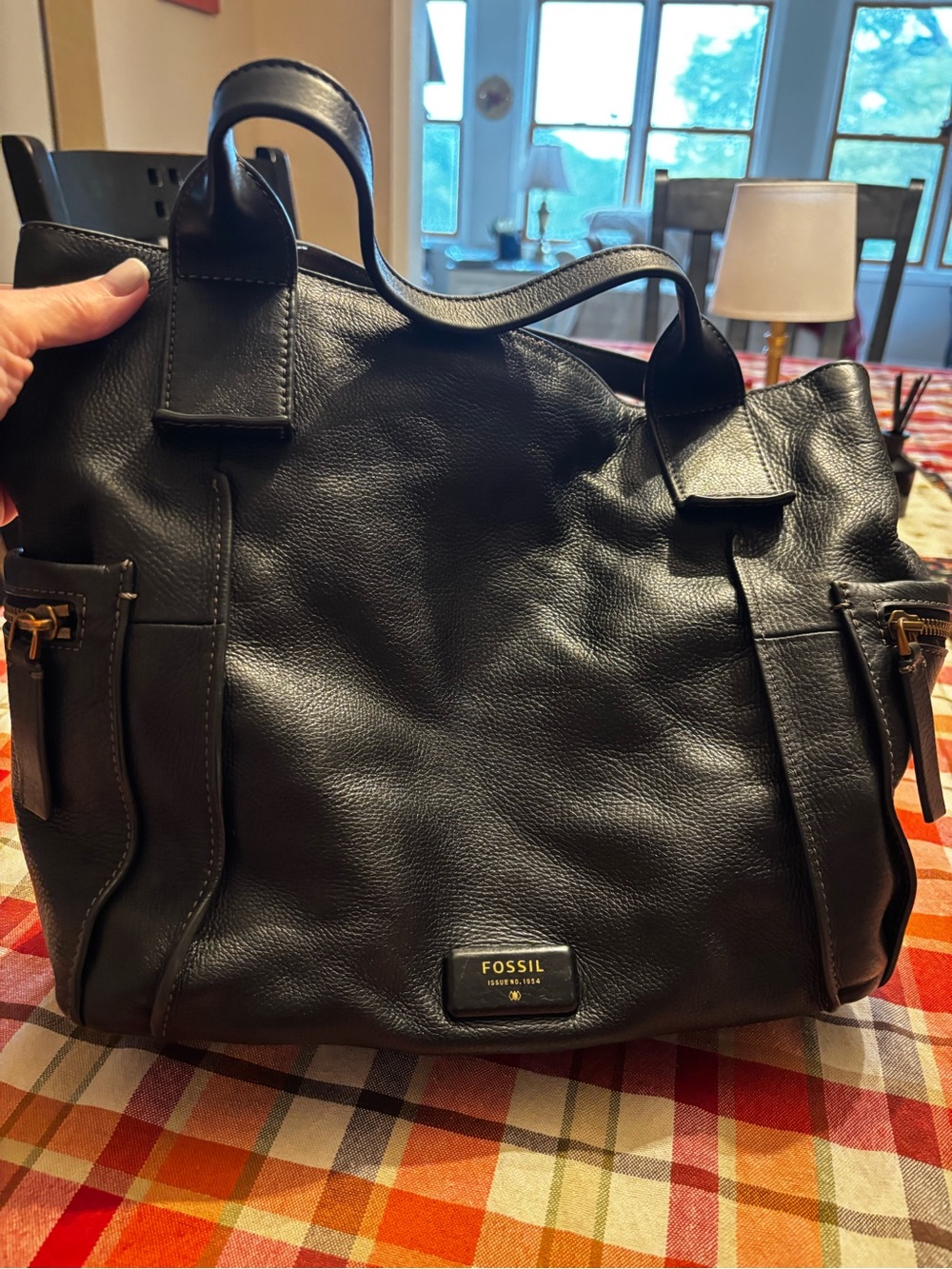 Fossil Black Leather Satchel with Gold Accents